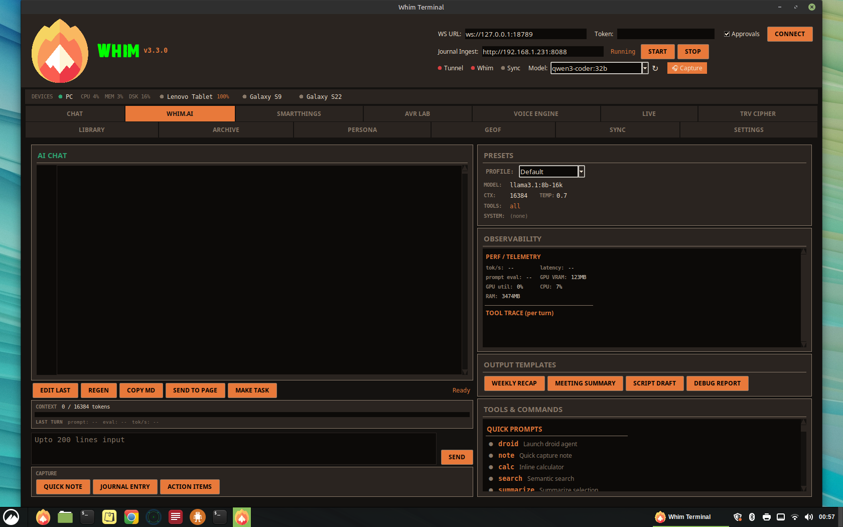 Whim Desktop — Sessions Tab