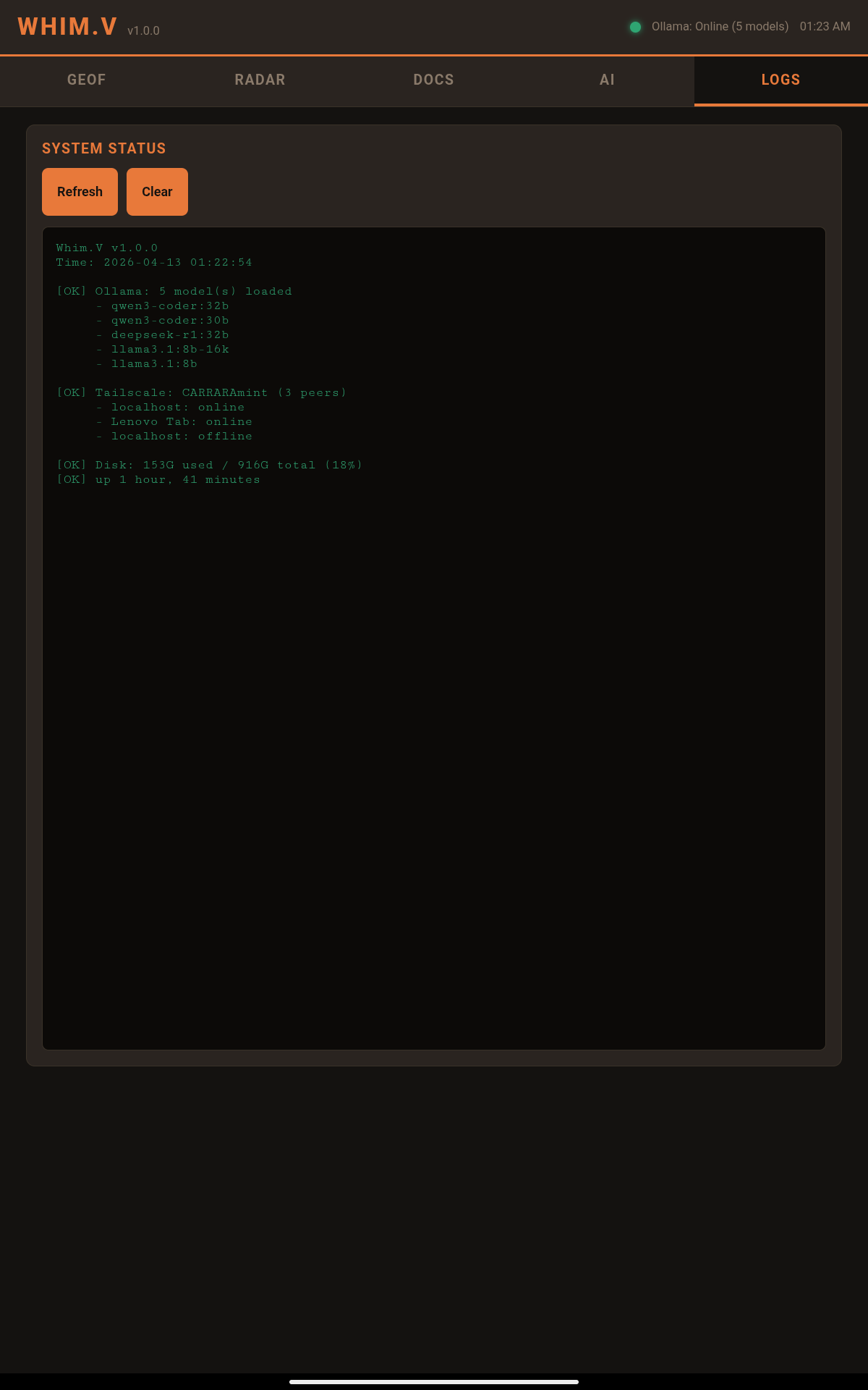 Whim.V System Logs Tab